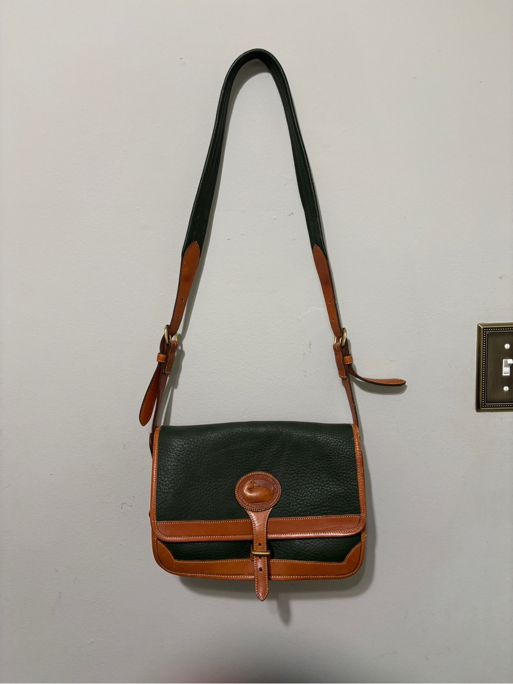 Dooney & Bourke Green Black Brown Leather Crossbody Satchel Messenger Vintage